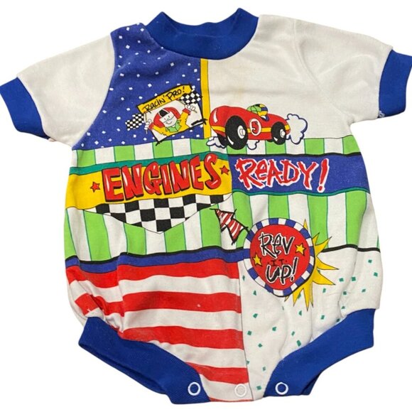 Vintage 90s Race Car Baby Bodysuit Romper "Engines Ready!" Retro Style 3-6 - Picture 1 of 5
